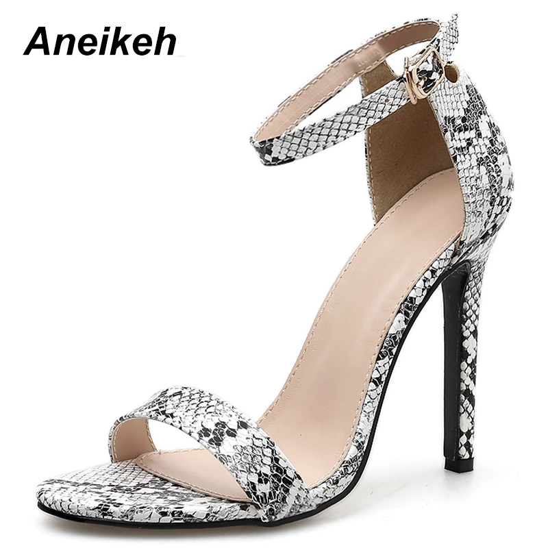 

Aneikeh 2019 Snakeskin Women Sandals High Heels Summer Ankle Strap Fashion Gladiator Sandals Pumps Dropshipping Size 35-40