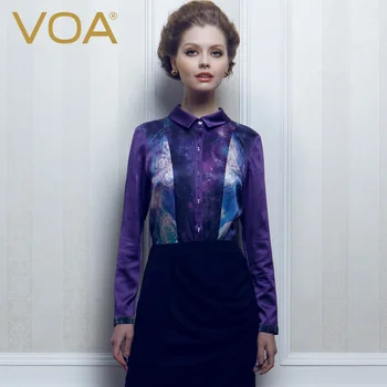 

VOA Stain Silk Blouse Women Purple Office Ladies Shirt Long Sleeve Soft Tops Female Clothes Starry Print blusas harajuku B136