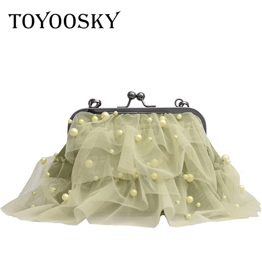 

TOYOOSKY Shell Shape Lace Pearl Shoulder Bag for Women Clutch Evening Wedding Bridal Handbag Fashion Beaded Chain Messenger Bag
