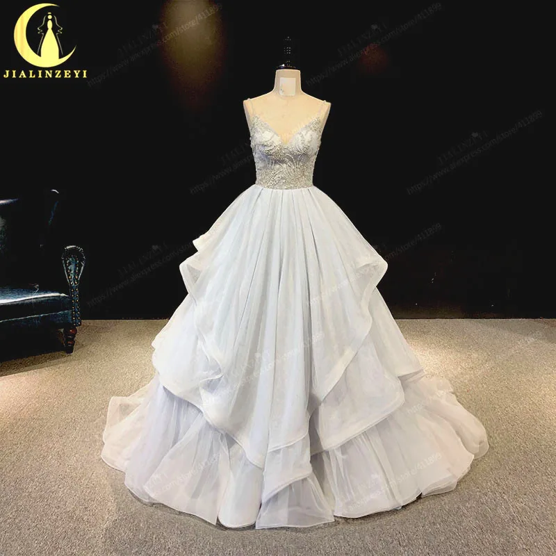 

JIALINZEYI Real Picture Lace Appliques Long Sleeves With flowers Long Train Bridal Wedding Dresses wedding gown 2019