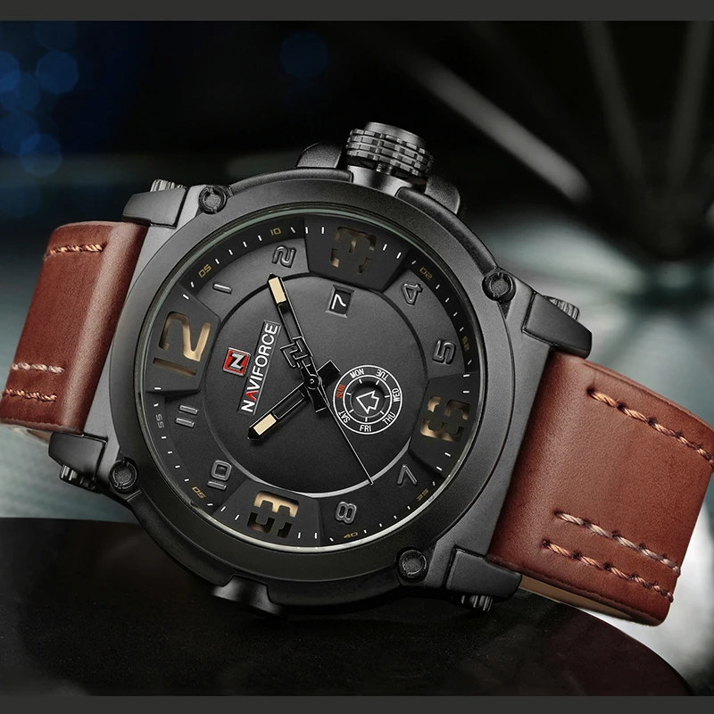 Mens Watches NAVIFORCE Top Luxury Brand Men Leather Watches Man Analog Quartz Clock Waterproof Spor