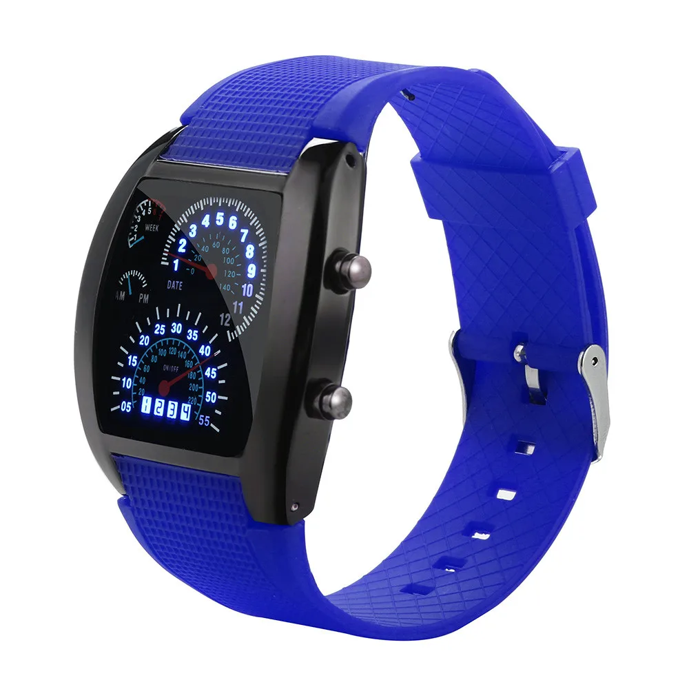 Цифровые часы для мужчин светодиодный светильник Flash Turbo спидометр спортивные часы автомобильный счетчик женские часы Reloj Relogio Masculino Montre Homme - Цвет: Blue