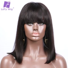 Luffy Short Straight Lace Front Wigs with Bangs Indian Human Hair Bob Natural Color Non-Remy 8-16” 130denisty for Black women