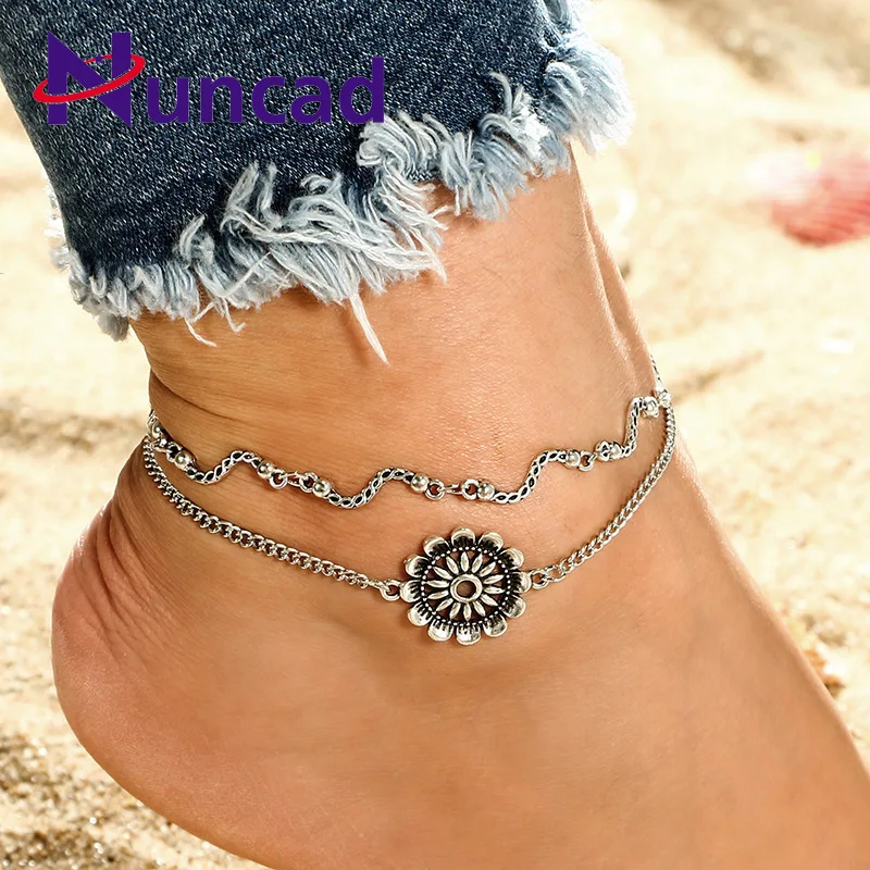 Fashion Round Carved Flower Anklet Set For Women Vintage Beach Foot
