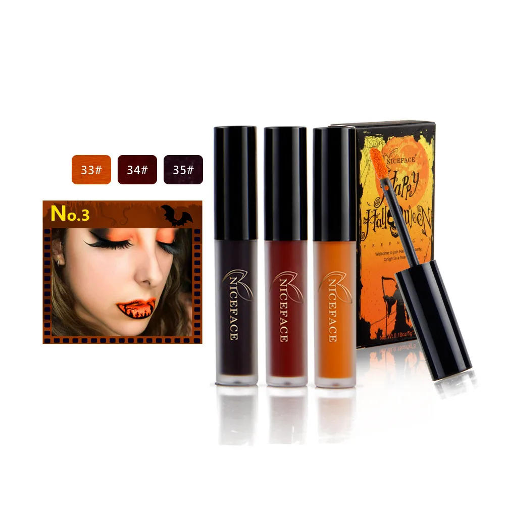 3 pieces /set of Halloween lip gloss set matte liquid lipstick long lasting black blue purple mineral pigment makeup |