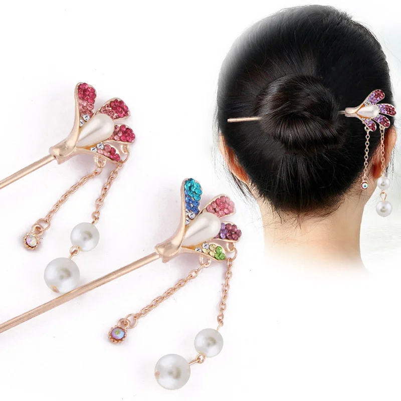 

Korean Fashion hair jewelry rose gold pearl Elegant Updo hairpin women's Tassel hair stick hair pins wedding hair accessories