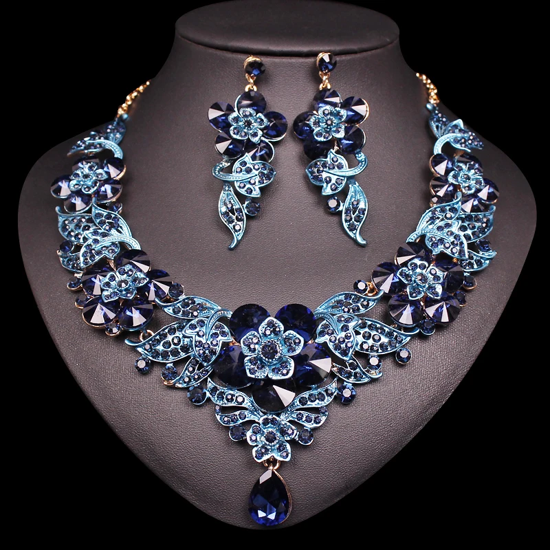 Tanie Luksusowe kwiaty liście zestawy kryształowej biżuterii damskie randki kolczyki naszyjnik zestaw indyjski kostium dla nowożeńców biżuteria prezenty dla kobiet