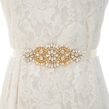

Elegant Wedding Belt Gold Rhinestones Pearls Bridal Belt Crystal Bridal Sash For Evening Dresses S105G