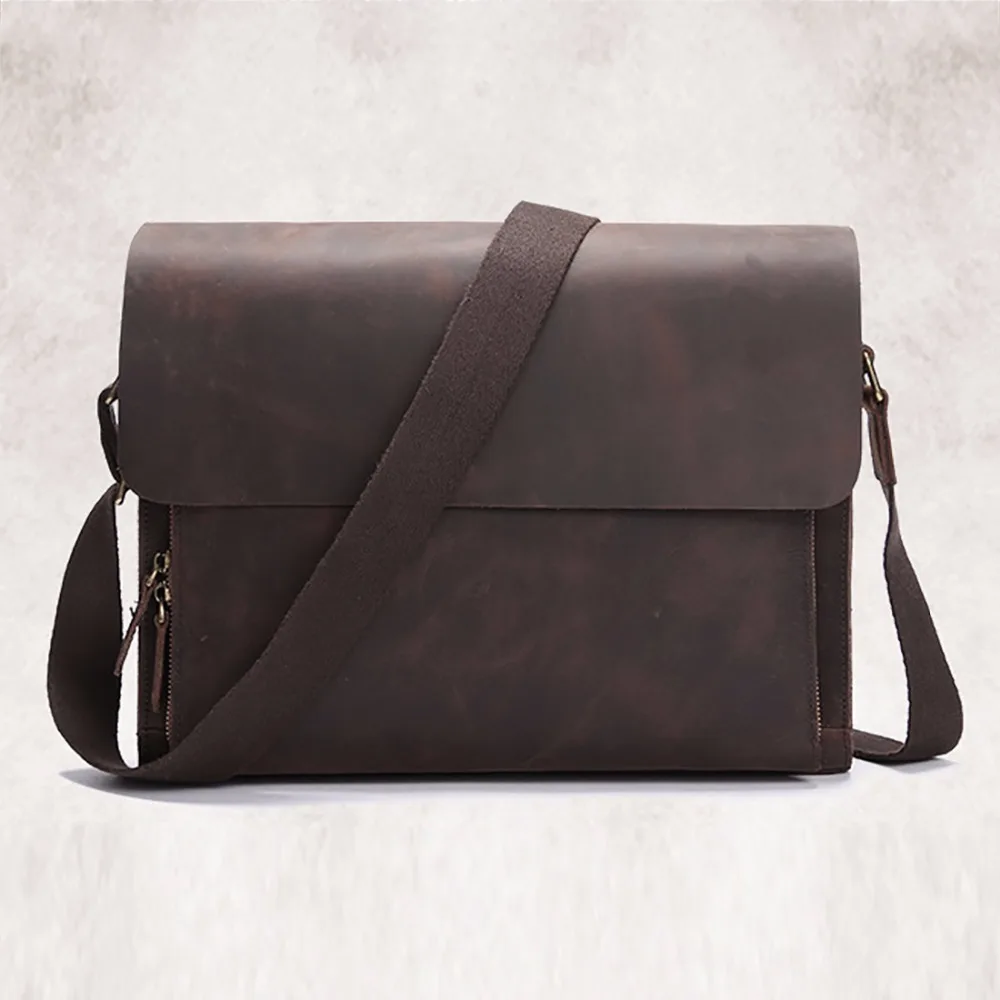 

Top Quality Crazy Horse Genuine Leather Shoulder Bag Cross Body Designer Vintage Messenger Computer Bag Mens Business Briefcase
