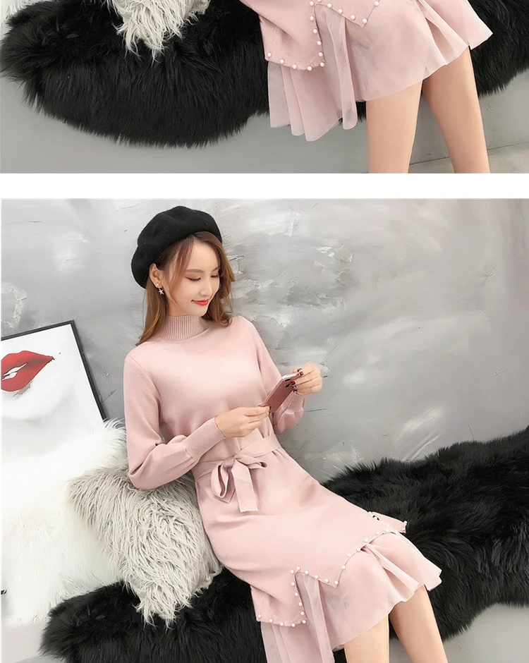 Женское зимнее платье-свитер, длинная Корейская версия нижней юбки, трикотажная водолазка с бусинами и кружевом