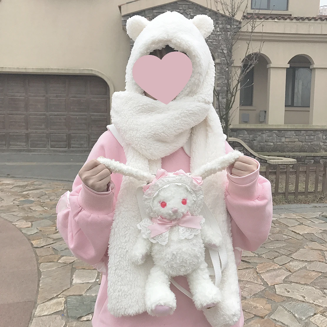 Японский женский шарф Kawaii Bear, теплый зимний мягкий плюшевый шарф с капюшоном, шапка, шарфы Skullies, хороший подарок для женщин и девочек