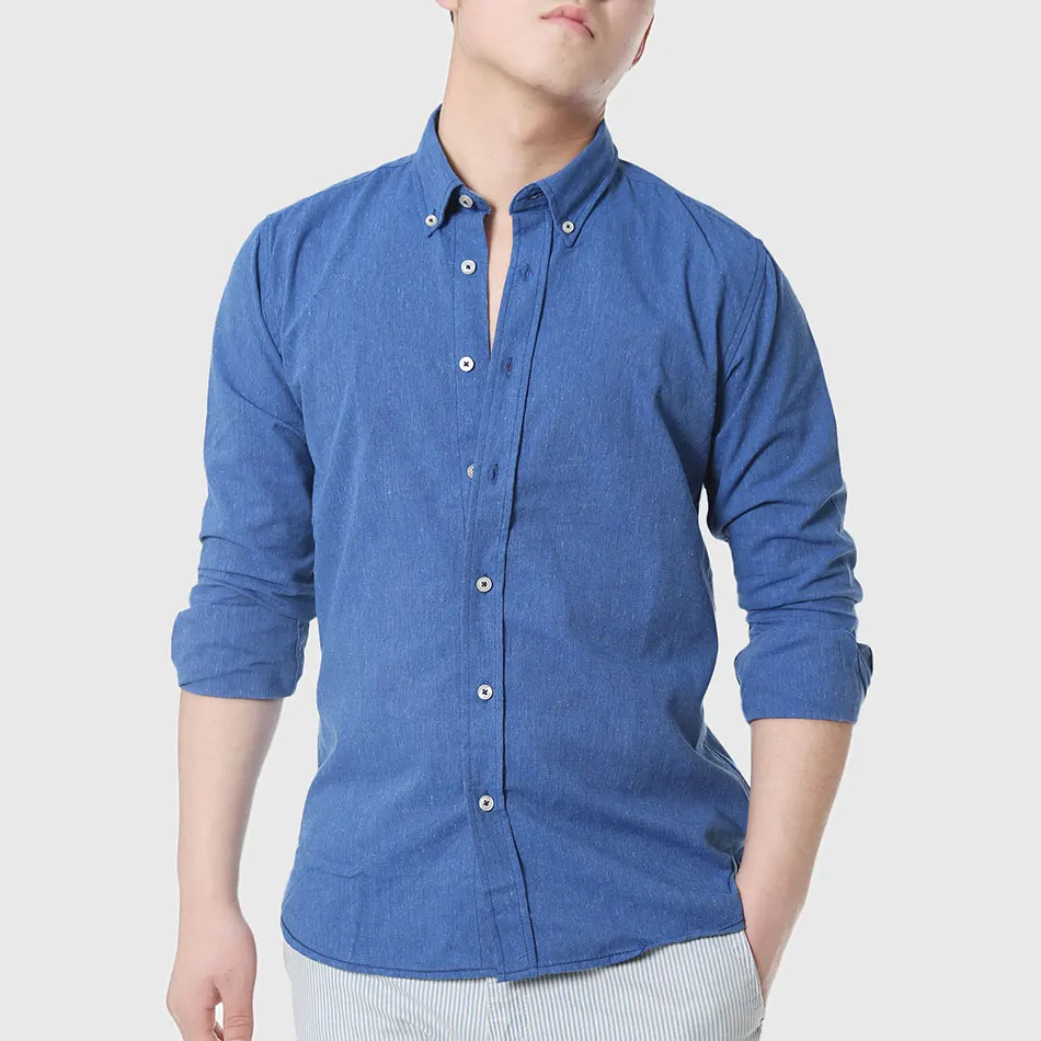

Men Slim Chambray Denim Shirts Cotton Linen Solid Long Sleeve Dress Shirts Green Stun Scoop Hem Japanese Stylish