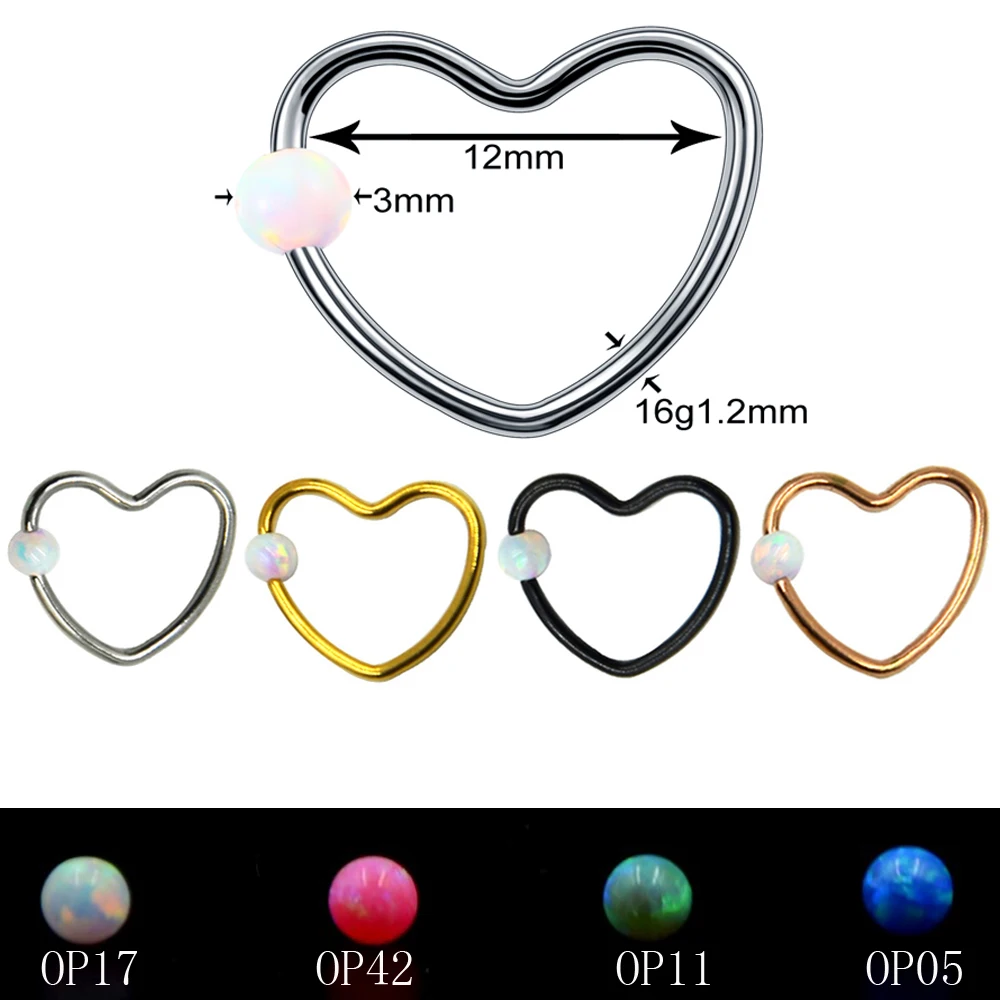 1 шт. опал сердце Daith Helix Tragus Lobe пирсинг для хрящей CZ обруч носа перегородка кольца