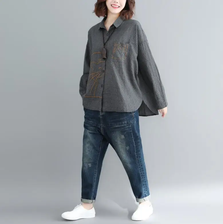 

Women Vintage Tops Embroidered Autumn Spring 2019 Stripe Cotton Linen Plus Size Fashion Loose Tops For Women YoYiKamomo