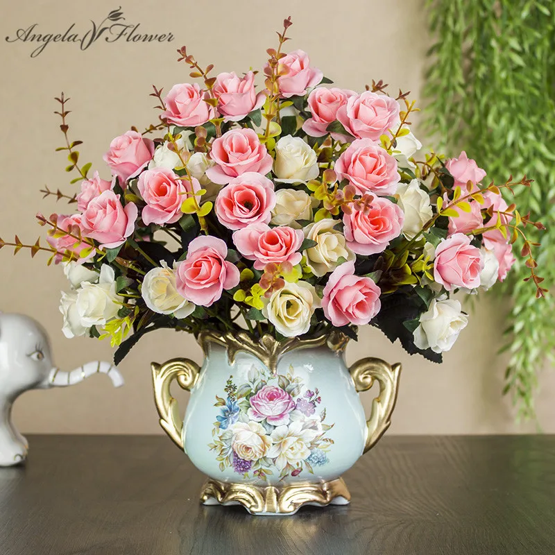 

1set European artificial flower+vase living room home table wedding decor potted bonsai ornament silk flores +Ceramic vase gift