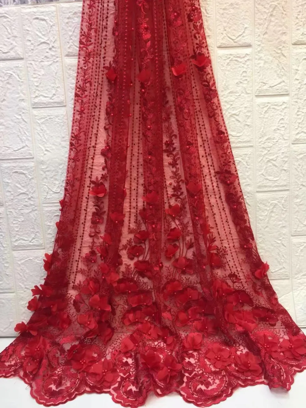 

High Quality Wholesale Polyester African Tulle Lace French 3D flower Lace Fabric For Wedding