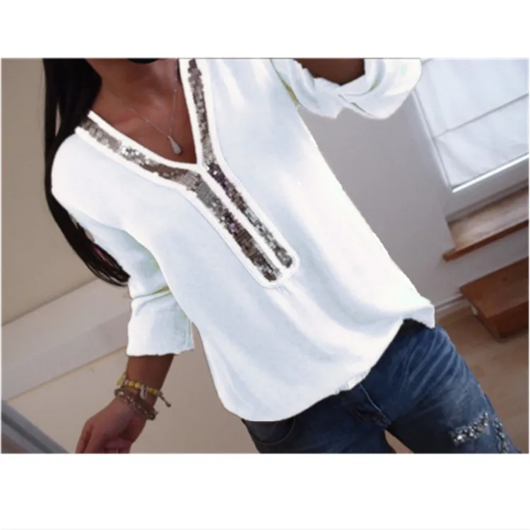 

white top Plus Size 5xl 4xl Chiffon Blouse Office Ladies Tops Long Sleeve Chemisier Femme Sequin shirt Blusas Mujer De Moda 2019