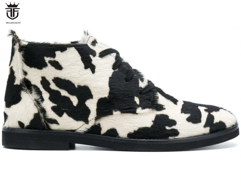 

FR.LANCELOT 2019 New suede fur men booties lace up Chelsea Boots Cow pattern Ankle Boots Men's fancy party shoes fashion