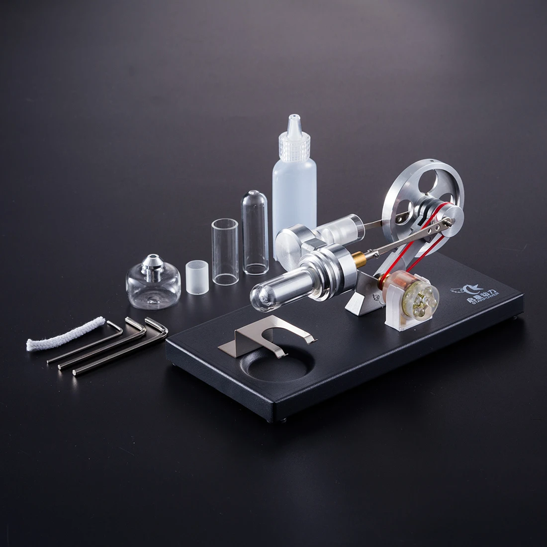 

Science Education Remote DIY Stirling Engine with 4Pcs LED Light Black Metal Baseplate Steam Model Set Stem Toy Lab Project