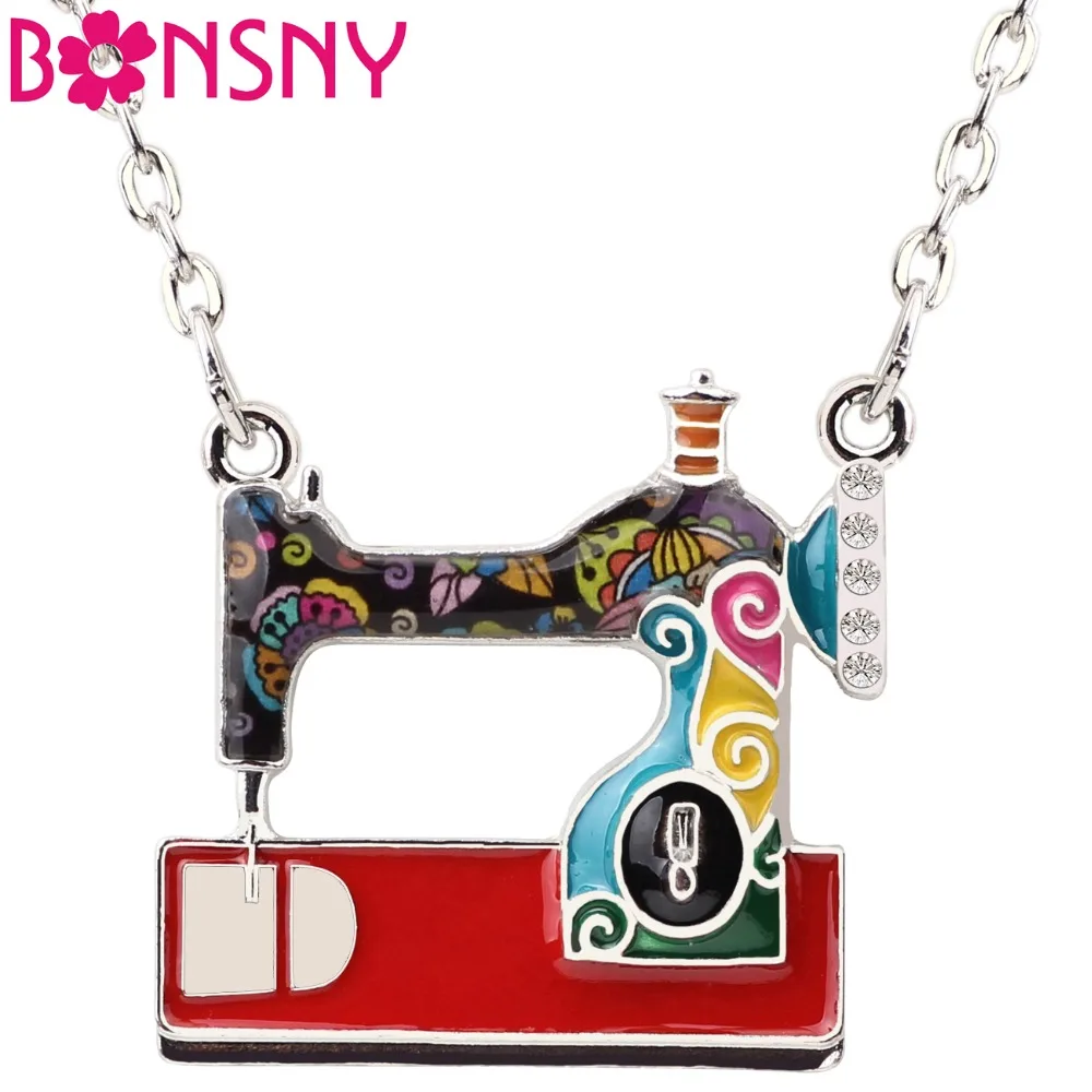 Bonsny Statement Enamel Alloy Sewing Machine Necklaces Pendants Choker