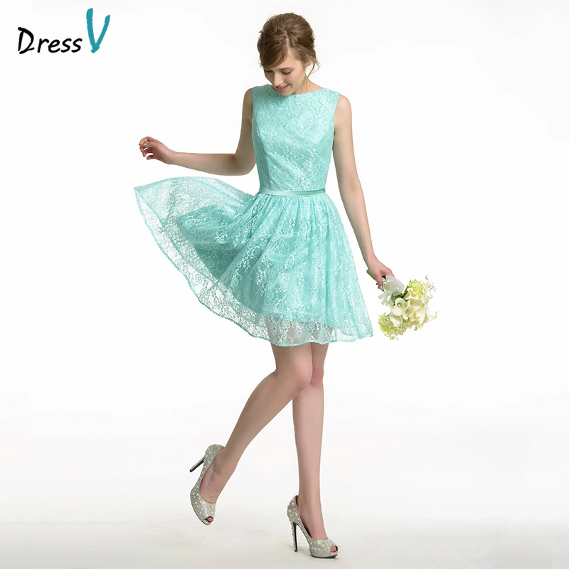 Dressv Junior Bridesmaid Dress Short Mini Lace A Line Custom Sleeveless Scoop Neck Wedding Party 