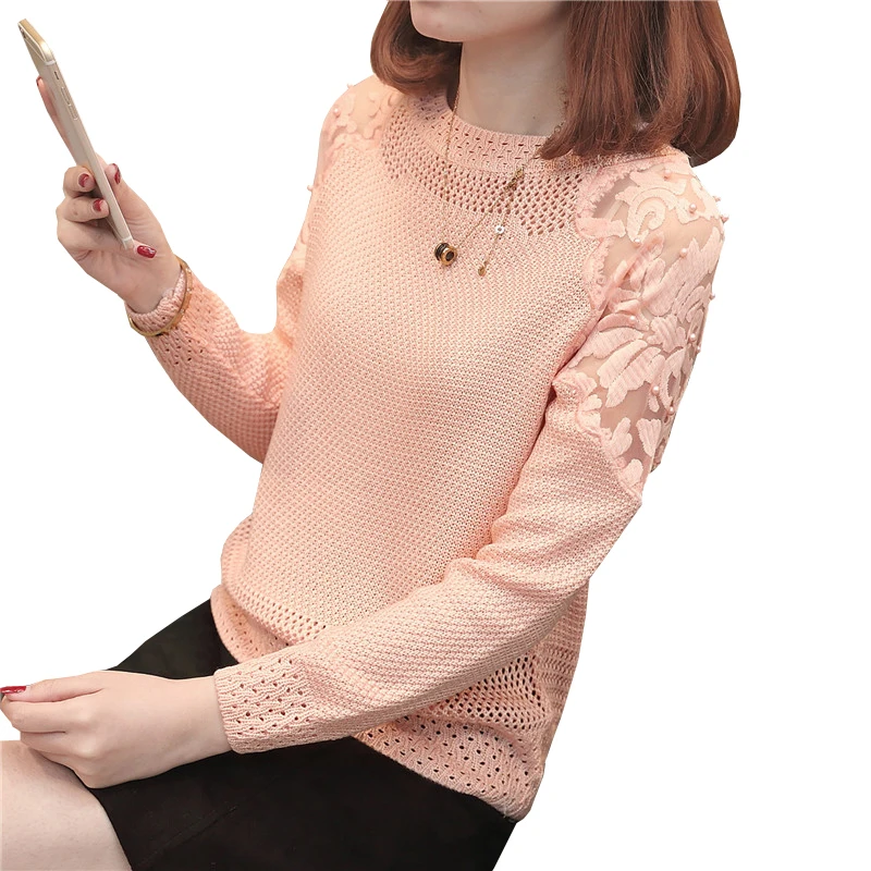 

Knitted Sweater Women Autumn O Neck Pullover Sweaters Fashion 2019 Long Sleeve Warm Jumper Hollow Out Lace Beading Top Femme
