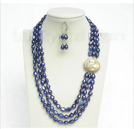 

shipping New style Natural noble jewelry>>>>3row 12mm baroque navy blue pearls necklace dangle Earrings set j8549