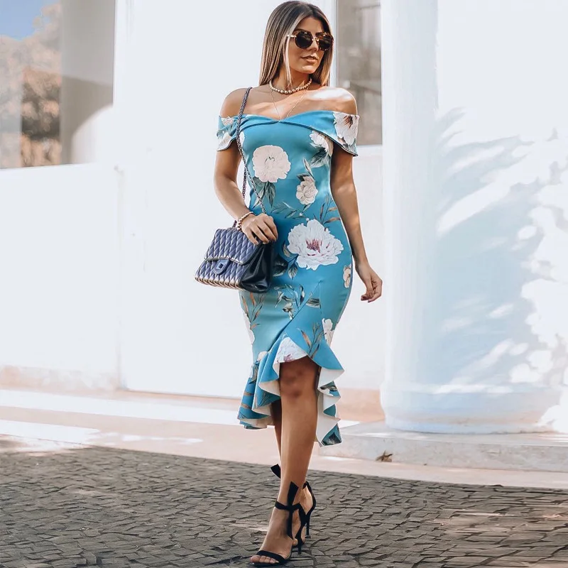 

YZ 2019 Summer Dress Pullover Mid Waist Wrapped Chest Sexy Tight Ruffled Hem Print Dress