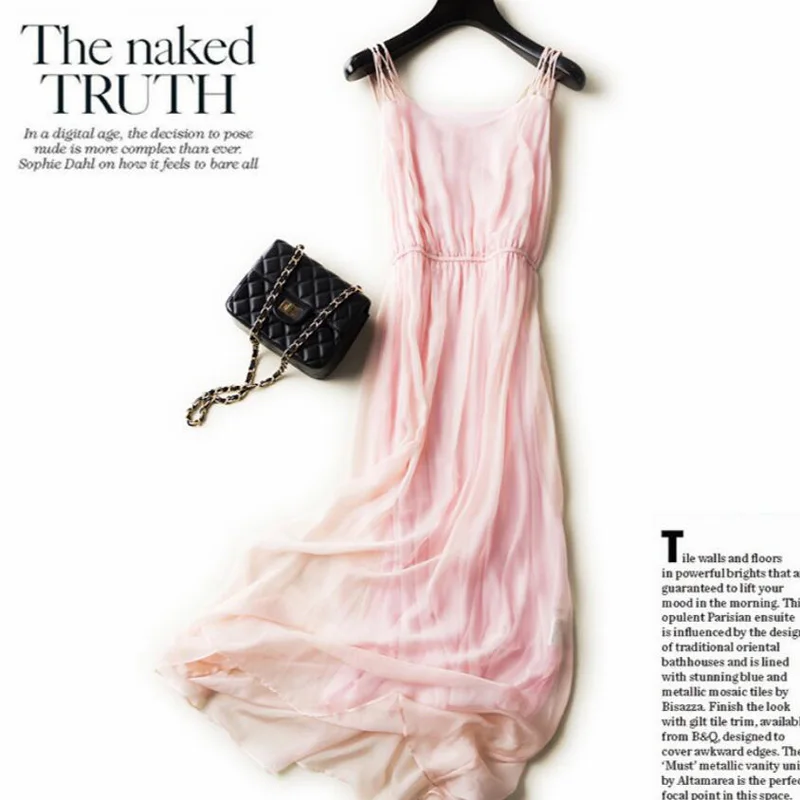 Новинка, платья из натурального шелка для женщин, натуральный шелк, высокое качество, элегантное платье на бретельках, праздничное пляжное длинное белое платье - Цвет: Розовый