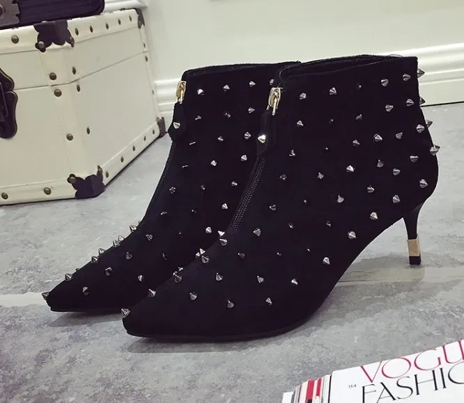 Punk Boots Gray Ankle Boots Rivets Black Pointed Designer Women Shoes Zips Women's Boots Women Ankle Boot New Fashion Autumn (1)