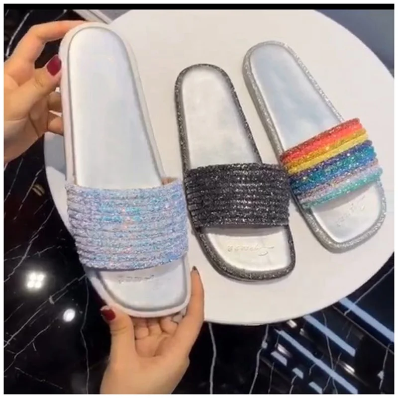 

Bailehou Summer Slippers For Women Bling Sequined Cloth Beach Slides Peep Toe Flat Shoe Bling Flip Flops Slip On Rainbow Slipper