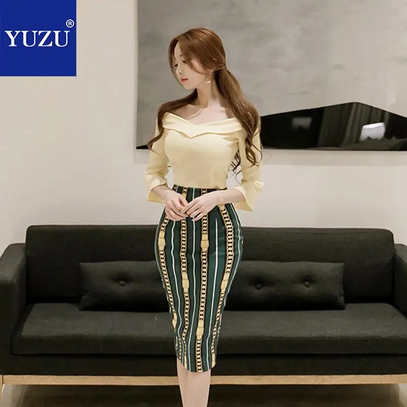 Goede Womens Tweedelige Sets 2018 Zomer Gele Blouse Off Shoulder Drie Kwart Flare Mouwen Tops En Print Bodycon Potlood Jurk