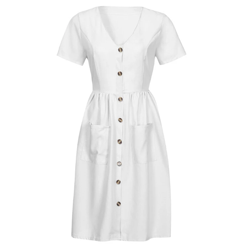 Women's Sexy Summer Dresses 2019 Boho Short Sleeve Button Solid Midi Dress Sundress With Pockets Lady Beach Party Dress Vestidos