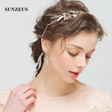 Цветы Кристаллы Золотые листья Свадебная повязка на голову с лентами повязка на голову и серьги свадебный комплект для девочек вечерние украшения для волос SHA40