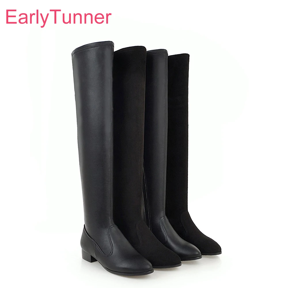 

Brand New Sexy Round Toe Black Women Over the Knee Boots Fashion Low Heels Lady Party Shoes EL812 Plus Big Size 10 33 43 48
