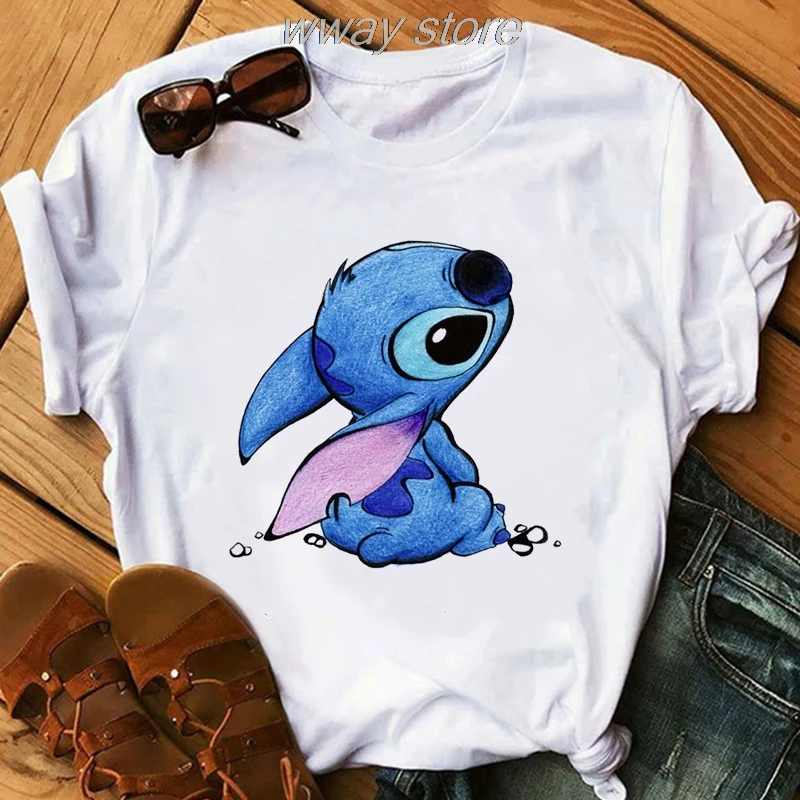 Женская футболка LILO STITCH, летние белые милые футболки harajuku, милая Повседневная футболка с рисунком, милые обтягивающие повседневные топы для девочек