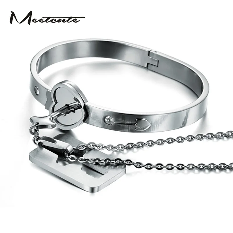 Meetcute Heart Love Lock Bracelet With Key Pendant Necklace Meetcute Heart Love Lock Bracelet With Key Pendant Necklace Anium Steel Bangle Sets Jewelry Woman Man In From