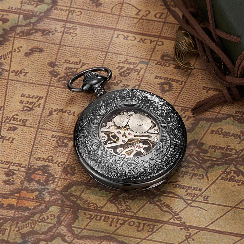 2018 New Vintage Watches Skeleton Black Mechanical Pocket Watch With Chain Men Necklace Pocket Fob Watches 5