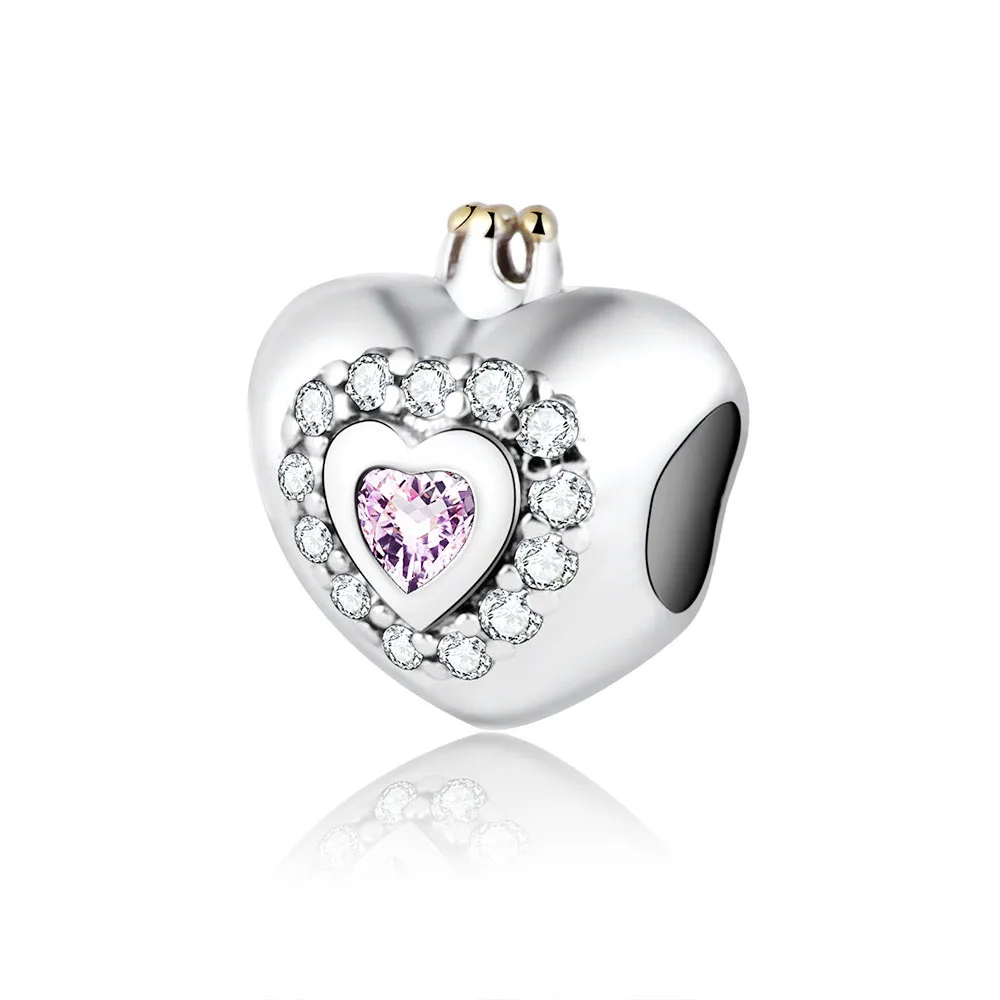 Real 925 Sterling Silver Jewelry Heart Charm With Pink Clear Cubic