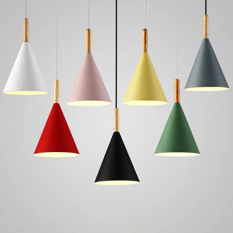 

Modern Simple LED E27 Aluminum Makaron Cone Shade with Wood Handle Hang Lamp for Dining Room Decorative 7-Colors Optional