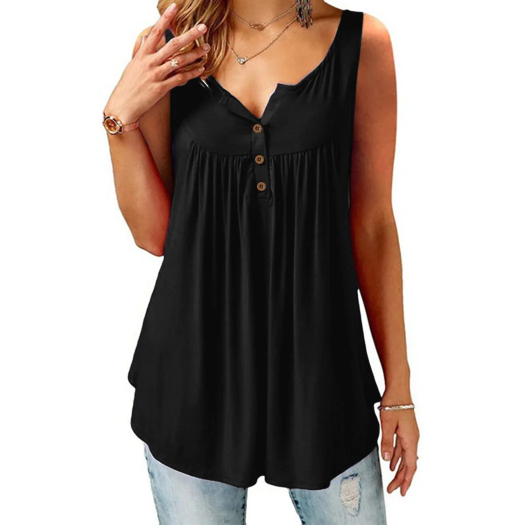 Wine Femmes Mode red Lâche Été Plus cadetblue Solide cou Manches De Blouses Bouton V Blusas Plis Sans Black Couleur Dames Débardeurs Chemises Taille Bureau xqYqOAwg