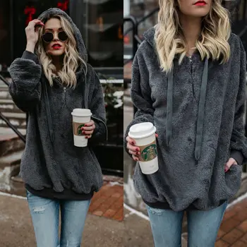 

2018 Hot Sale Women Fashion Pocket Hoodie Sweatshirt Winter Fall Warm Casual Hooded Pullover Top Coat Fleece Wool Jumper Outwear