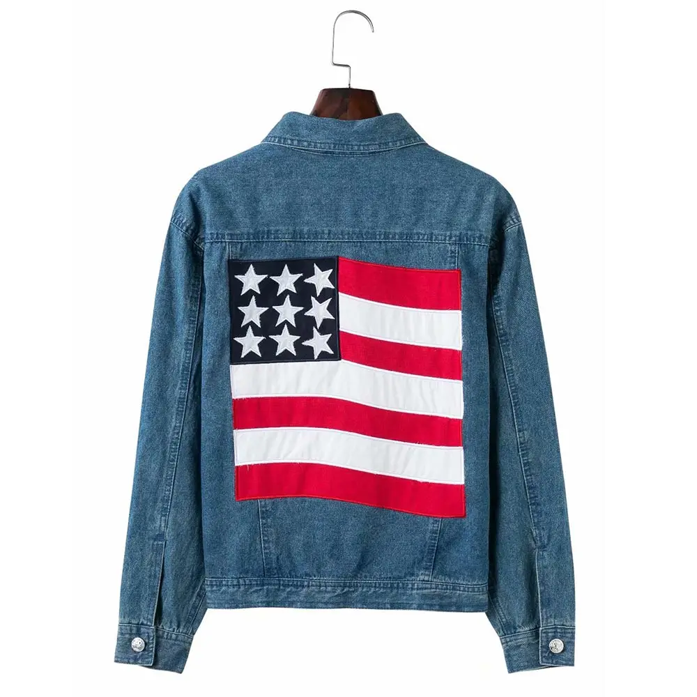 Ltd1198245 Star spangled Robes Veste Dame Fleurs Nouveau Manteau 2018 Poches Broderie Picture Col Denim Blue Banner Le Femmes 1xrRUqw1Hn