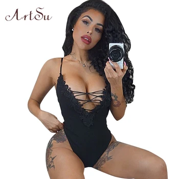 

ArtSu Sexy Lace Up Bodysuit Women Summer Tops Spaghetti Strap V Neck Backless Rompers Womens Jumpsuit Bodycon Overalls ASJU30394