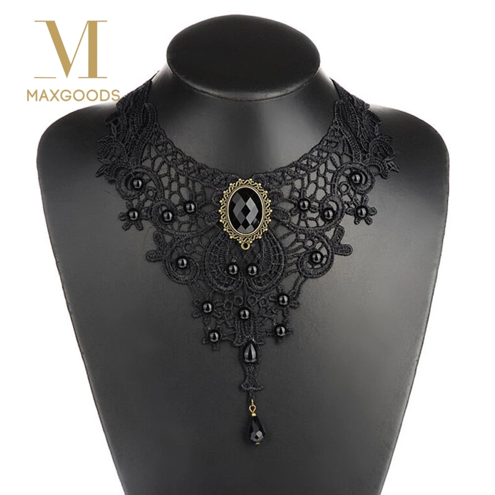 

1PC Women Black Lace& Beads Choker Victorian Steampunk Style Gothic Collar Necklace Gift Wide Flower Black Lace Chokers Necklace