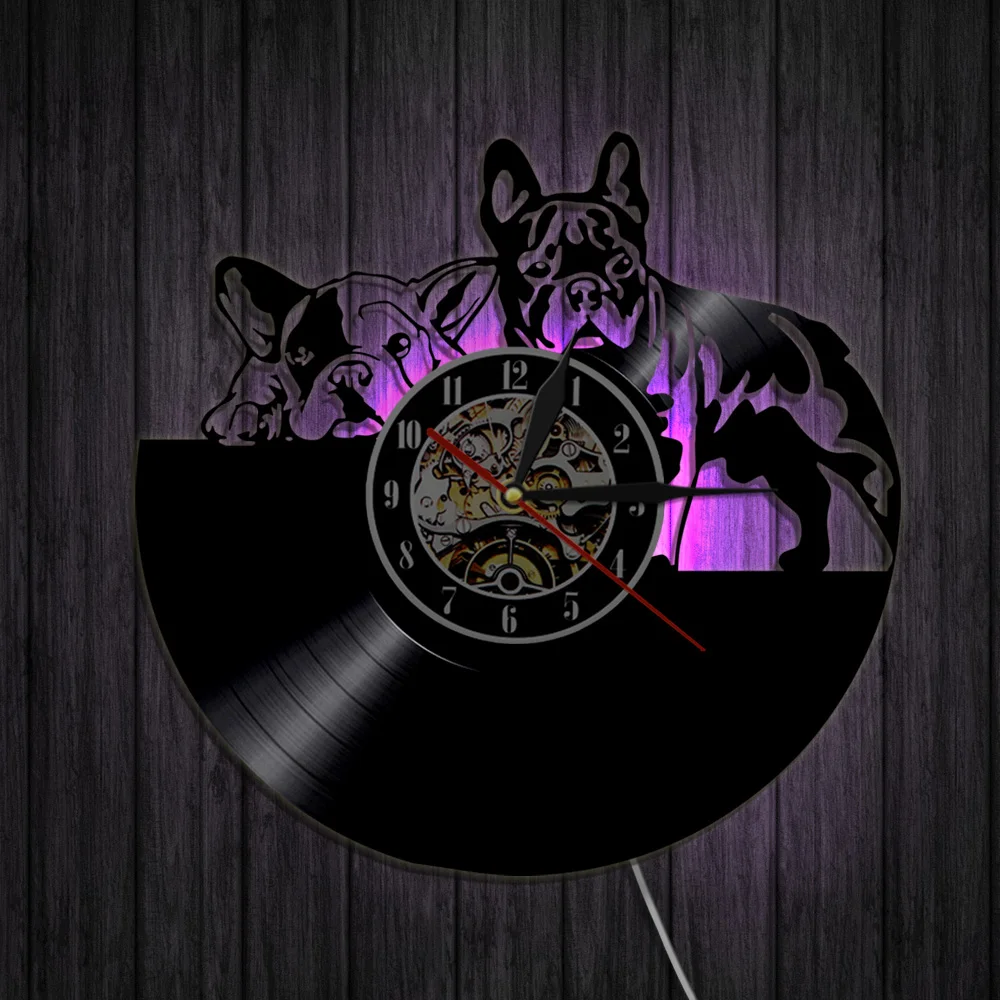 Cena Piękny buldog francuski 3D zegar ścienny nowoczesny Design dekoracja Maison płyta winylowa zegar dekoracje ścienne dla dzieci pokój dziecięcy