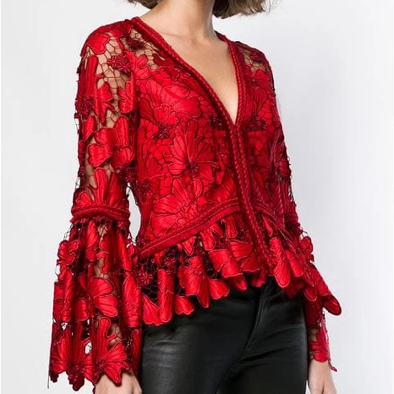 

Women Clothes 2019 Fashion Temperament Lace Shirt Openwork V-neck Trumpet Sleeves Long-sleeved Sexy Red Shirt