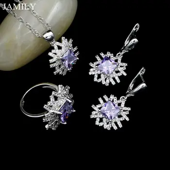 

Fashion Silver 925 Jewelry Sets For Women Purple Stone White Crystal Earrings/Pendant/Ring/Necklace Accessories For Party