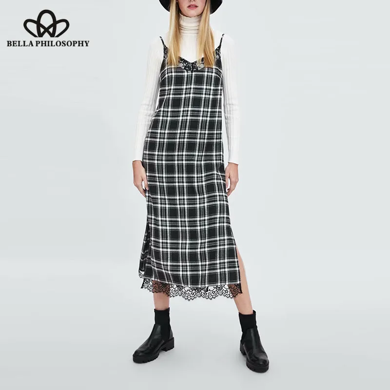 Wonder 2018 new Vintage Chic Lace Patchwork Plaid Strap Midi Dress V Neck Backless Side Vents Dresses Casual Vestidos Mujer