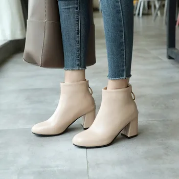 

Big Size 11 12 13 14 15 Round-headed thick-heeled high-heeled zipper metal decorative short square-heeled fashion boots